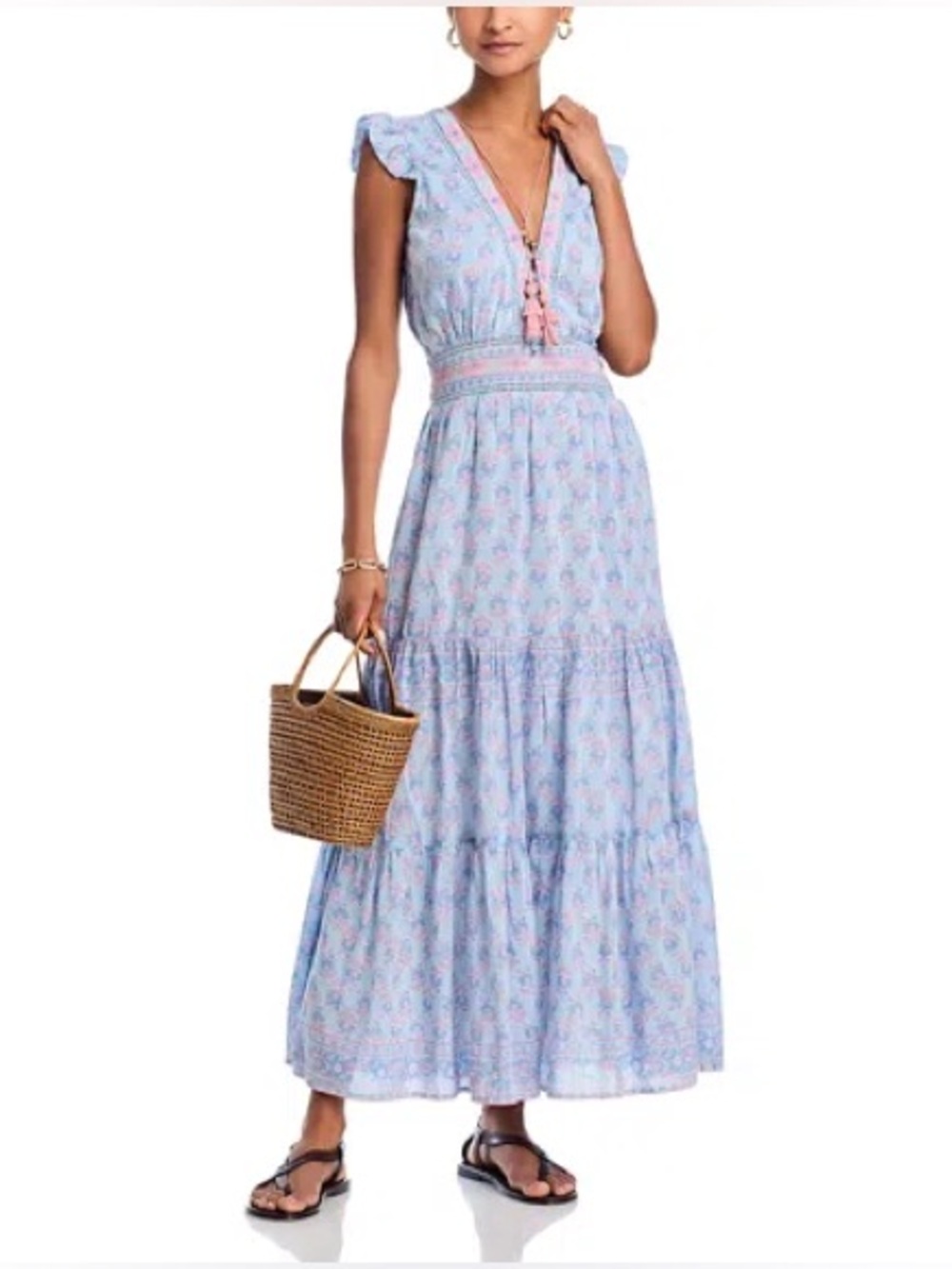 NEW Bell Annabelle Floral Print Maxi Dress Pink and Blue Block Print Sz: L
